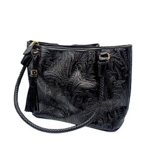 Marie Claire Black Embossed Vegan Leather Braided Double Strap Bag NWOT
